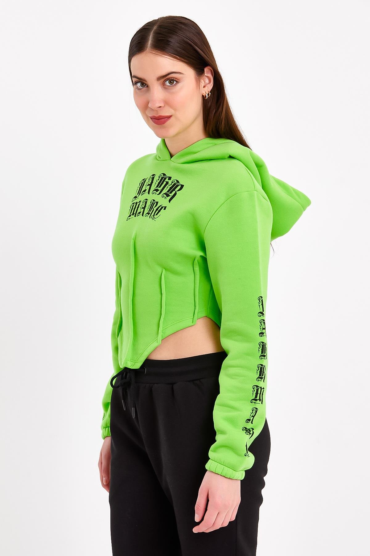 Yeşil Korse Detaylı  Baskılı Crop Fit Kapüşonlu Sweatshirt