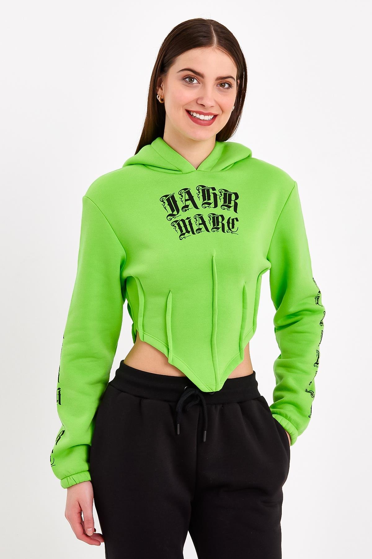 Yeşil Korse Detaylı  Baskılı Crop Fit Kapüşonlu Sweatshirt