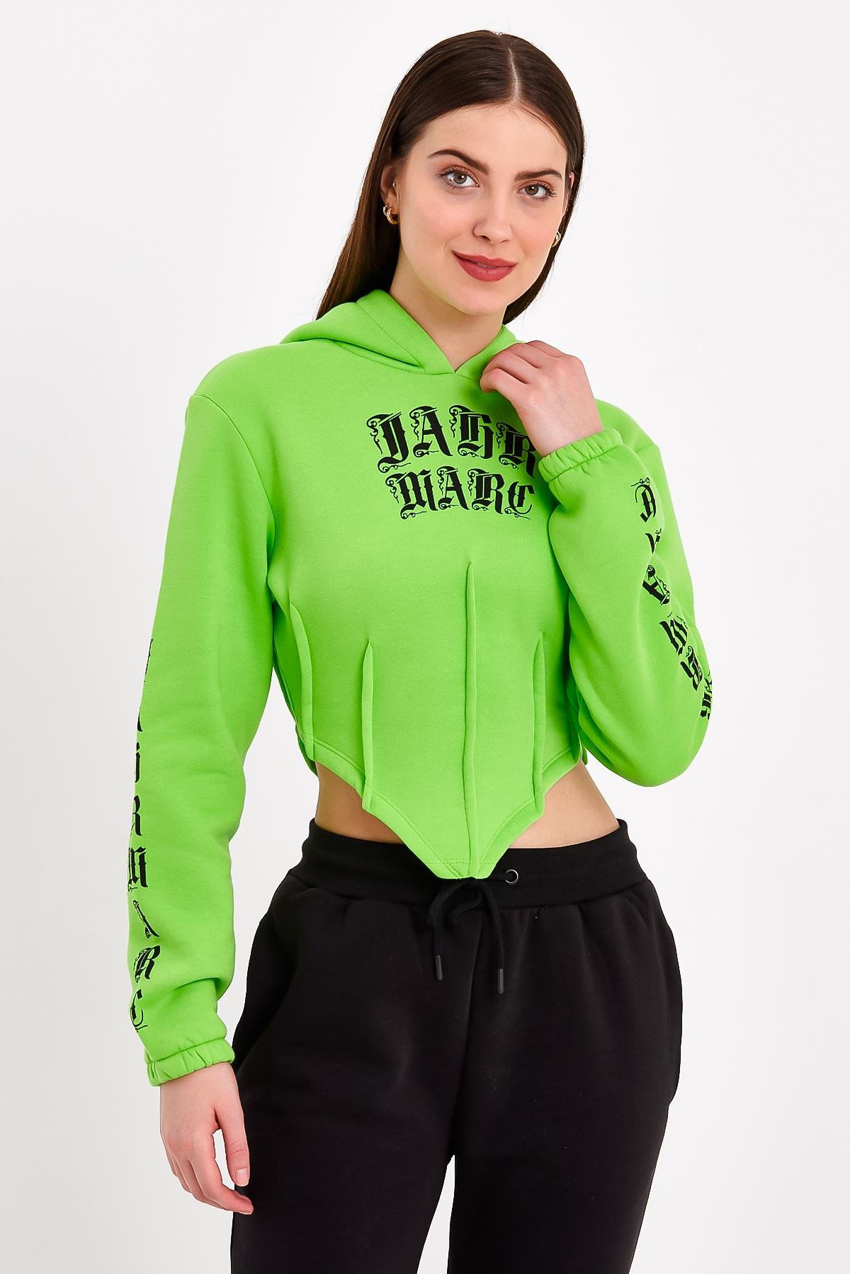 Yeşil Korse Detaylı  Baskılı Crop Fit Kapüşonlu Sweatshirt