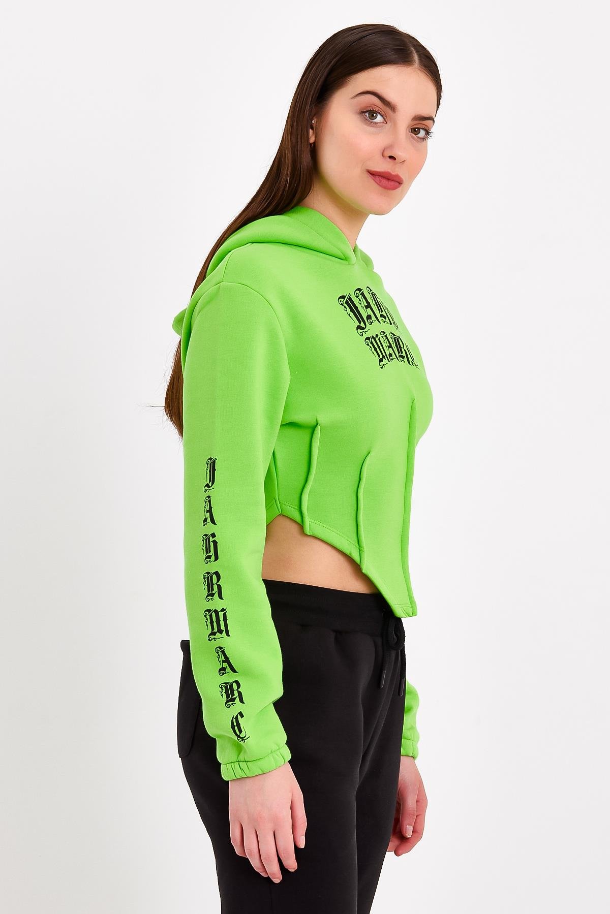 Yeşil Korse Detaylı  Baskılı Crop Fit Kapüşonlu Sweatshirt