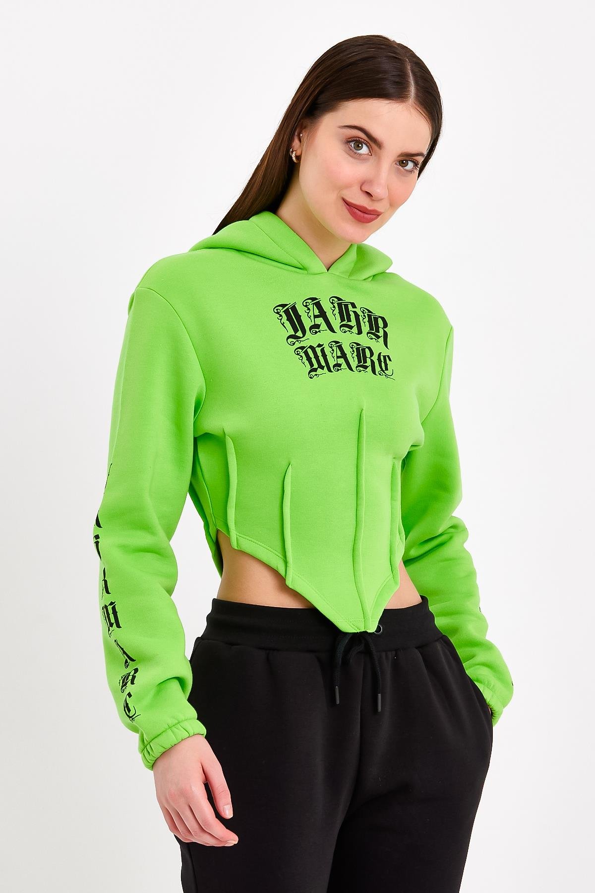 Yeşil Korse Detaylı  Baskılı Crop Fit Kapüşonlu Sweatshirt