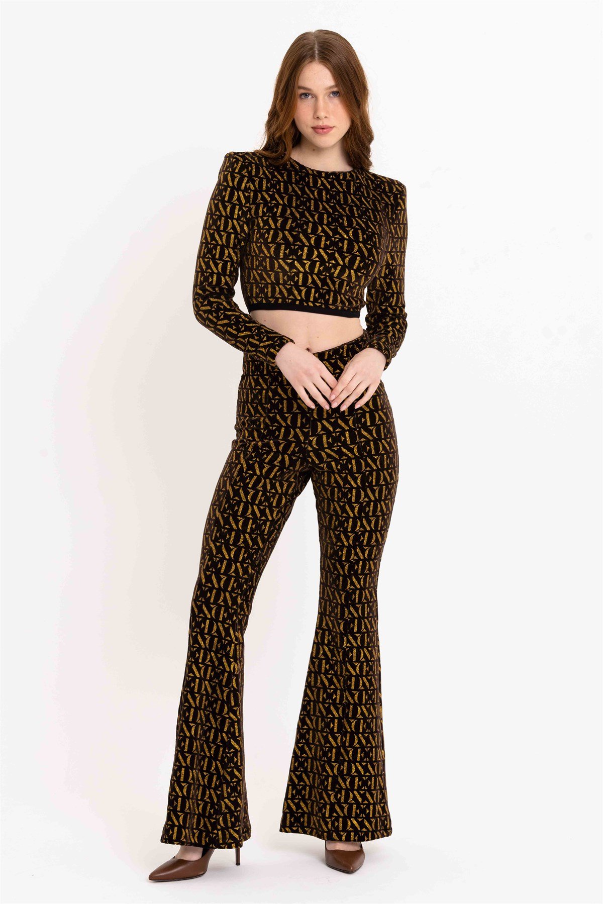 Yüksek Bel Kadife Simli İspanyol Paça Pantolon