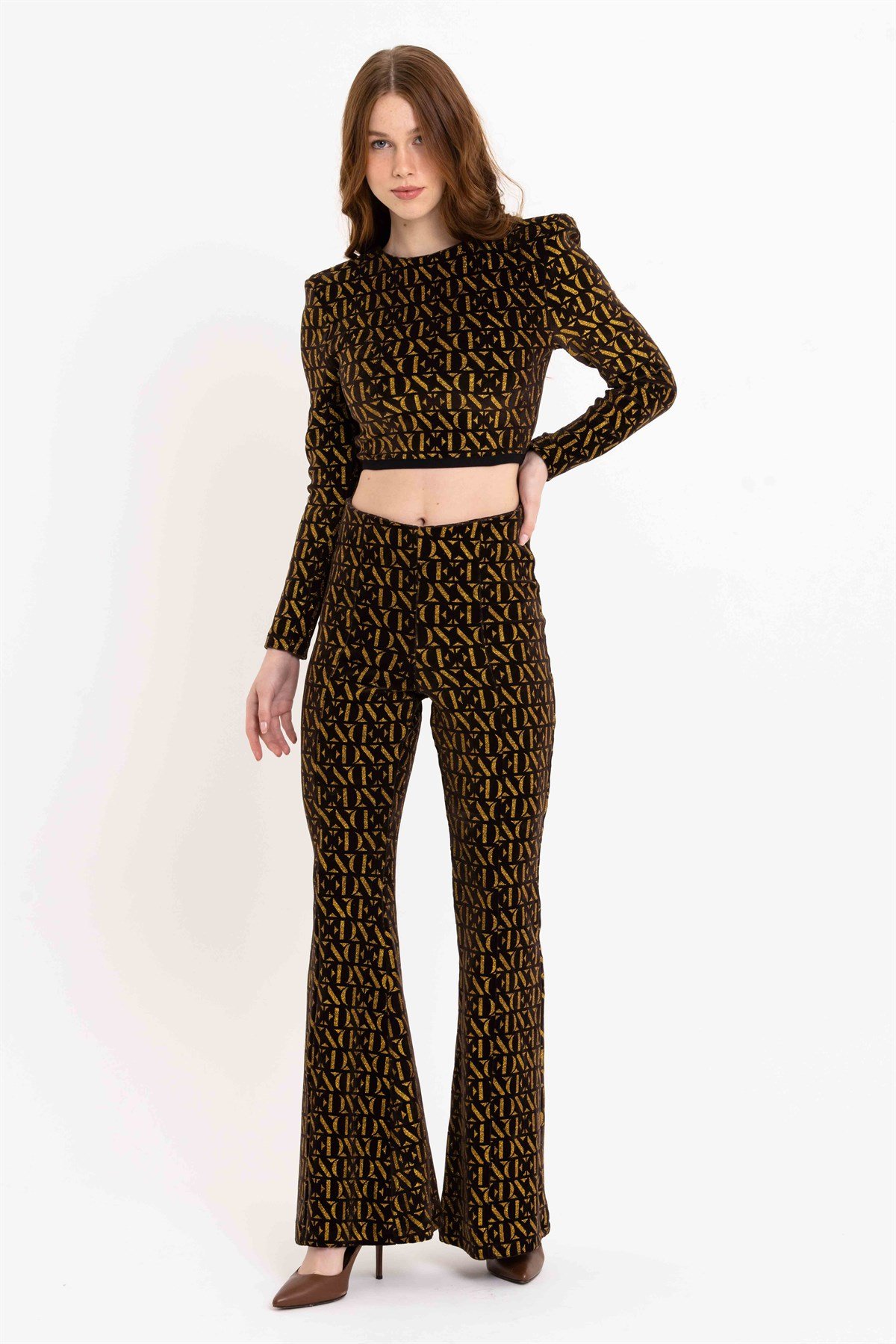 Yüksek Bel Kadife Simli İspanyol Paça Pantolon