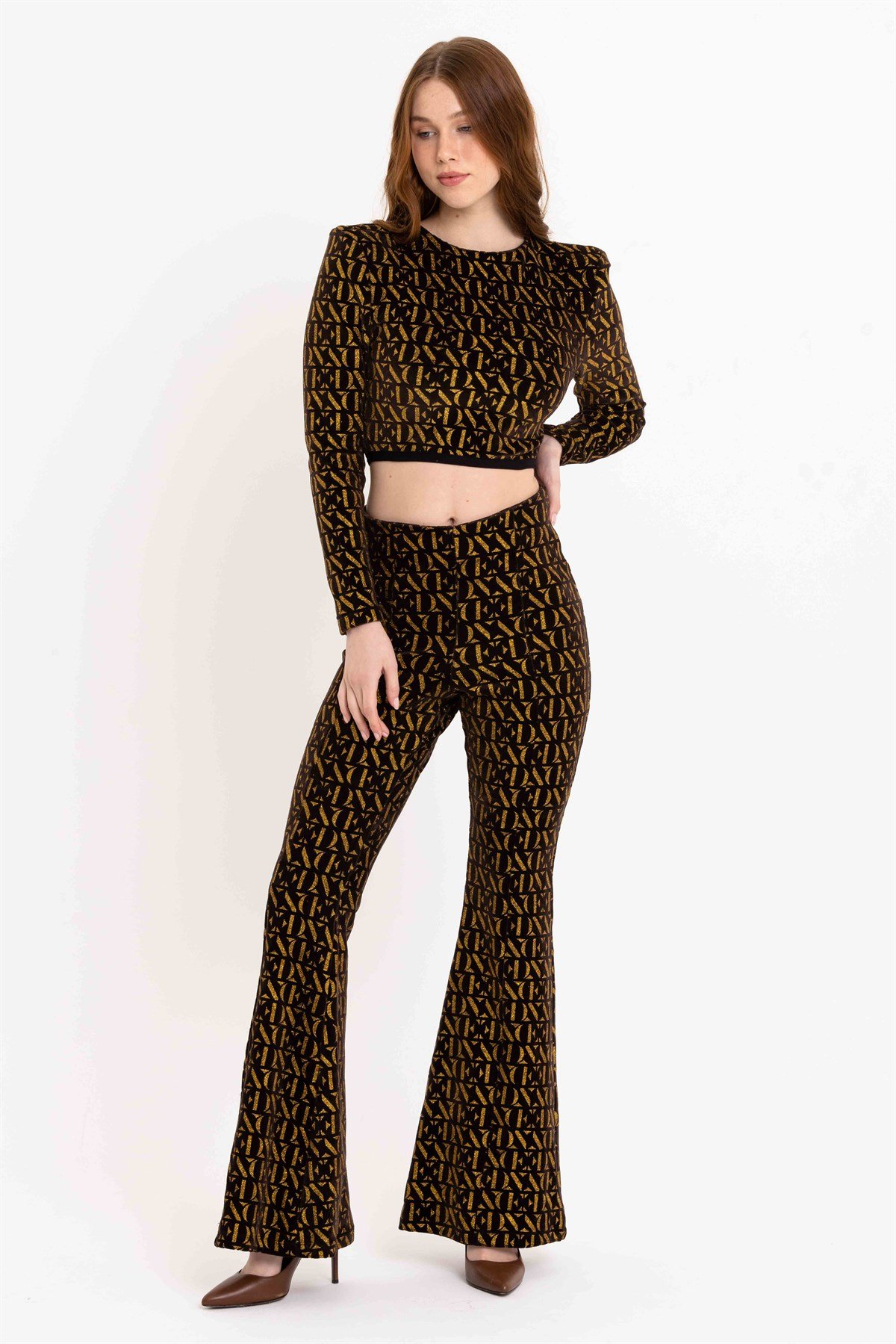 Yüksek Bel Kadife Simli İspanyol Paça Pantolon