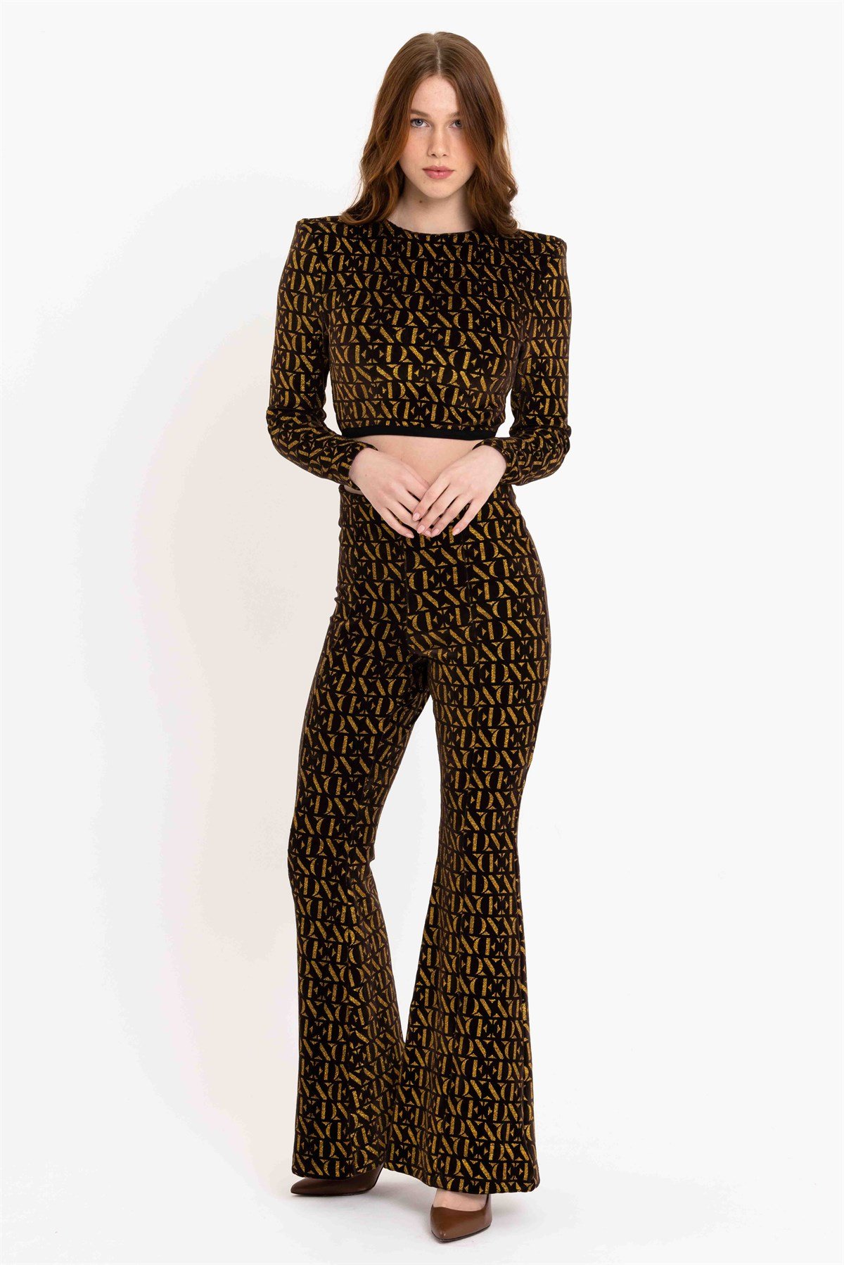 Yüksek Bel Kadife Simli İspanyol Paça Pantolon