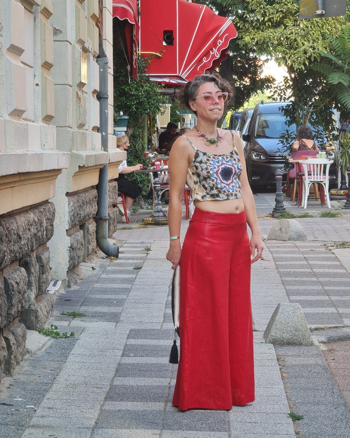 Kırmızı Keten Bayan Pantolon
