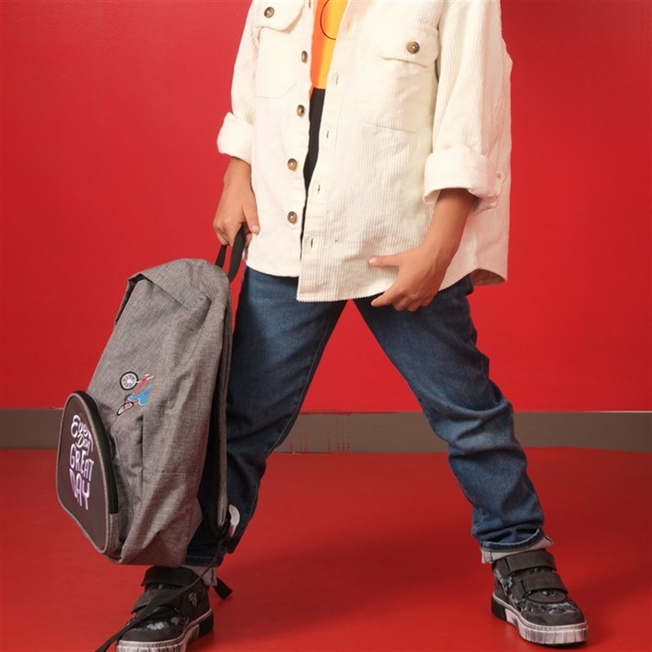 Byc Dino Deri Detaylı Erkek Çocuk Sırt Çantası Gri