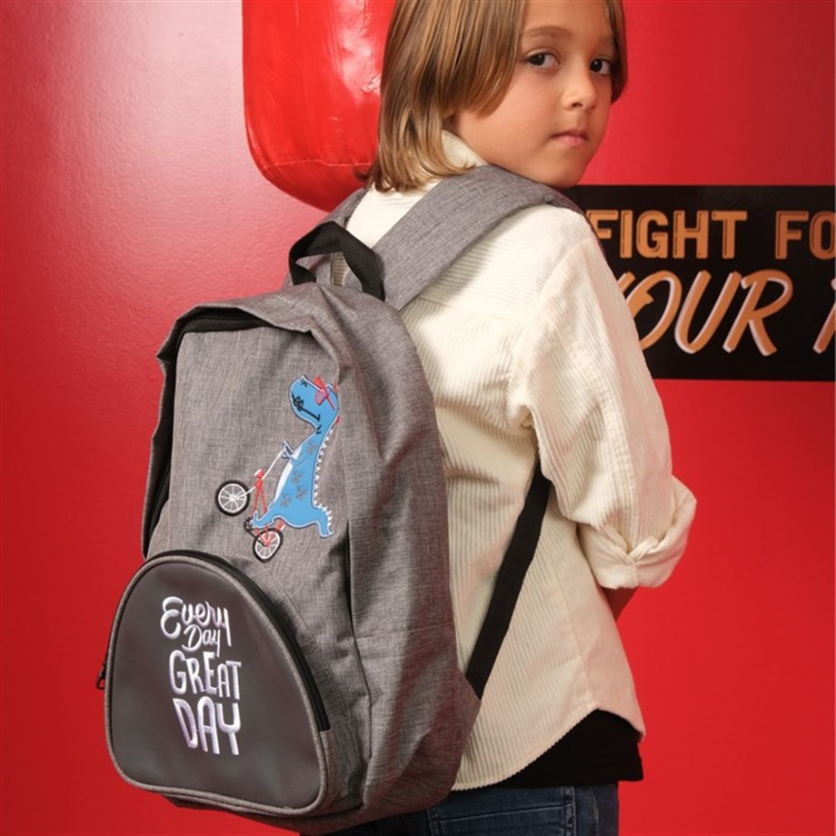 Byc Dino Deri Detaylı Erkek Çocuk Sırt Çantası Gri