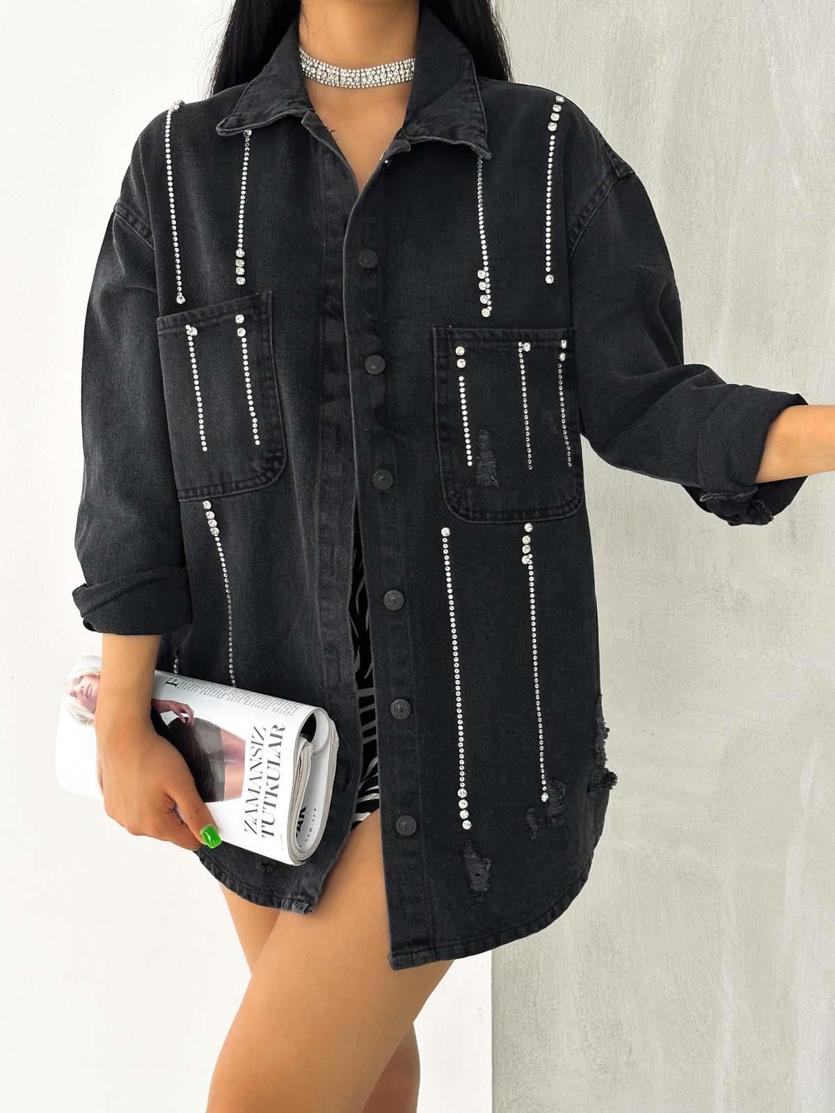   AsuArs design açık cepli siyah taşlı uzun ceket