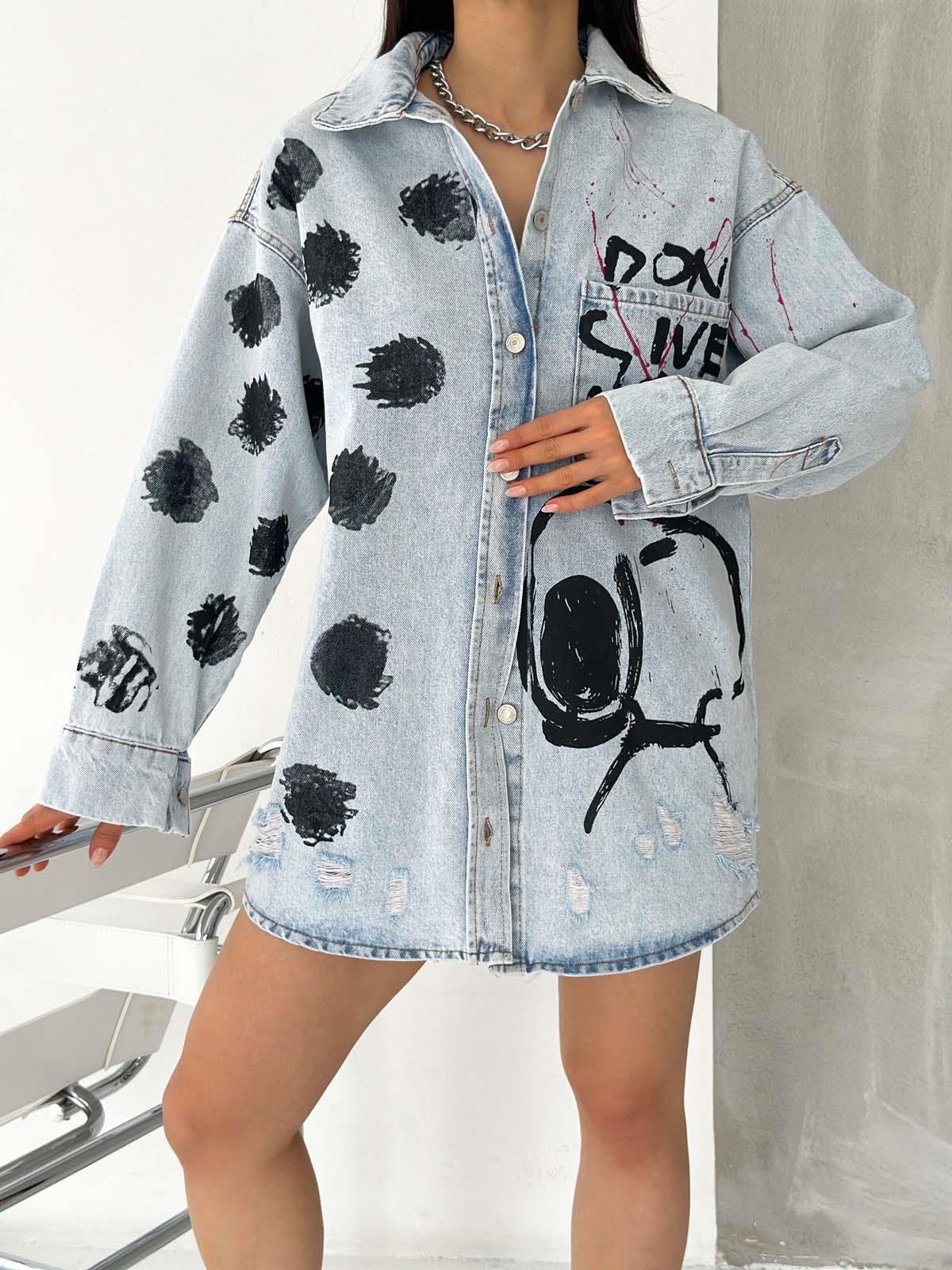  AsuArs design önü benekli snoopy handmade baskılı uzun kot ceket