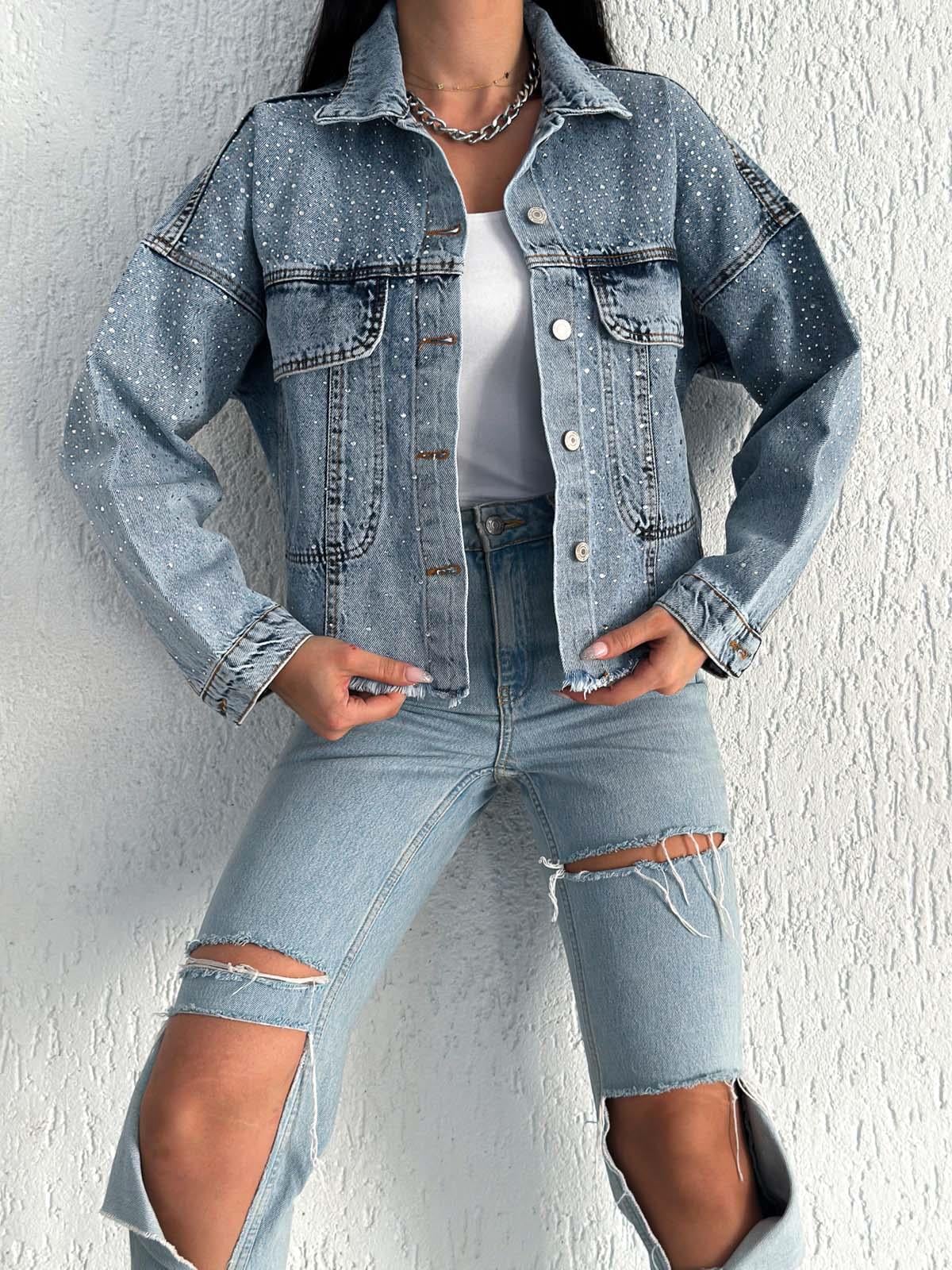  AsuArs design serpme taşlı geniş crop kot ceket