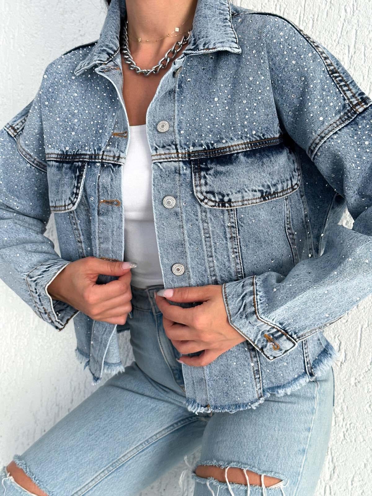   AsuArs design serpme taşlı geniş crop kot ceket