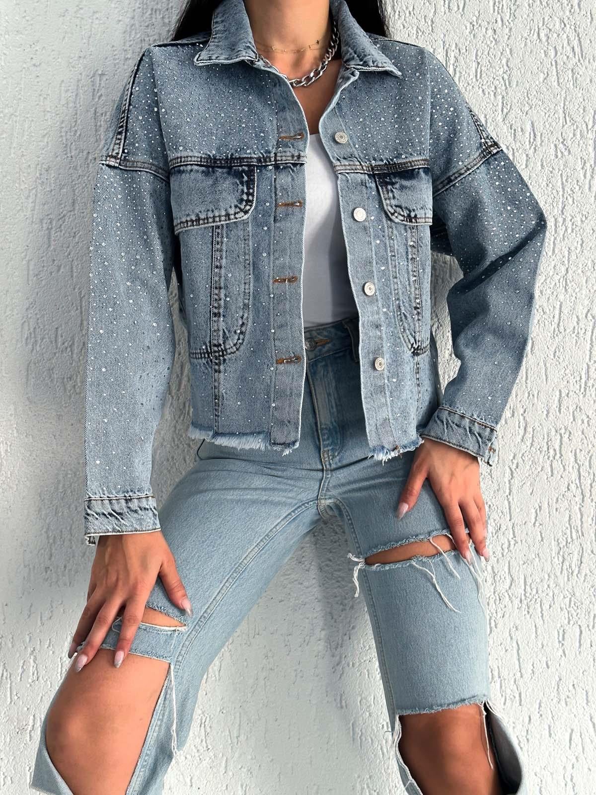   AsuArs design serpme taşlı geniş crop kot ceket