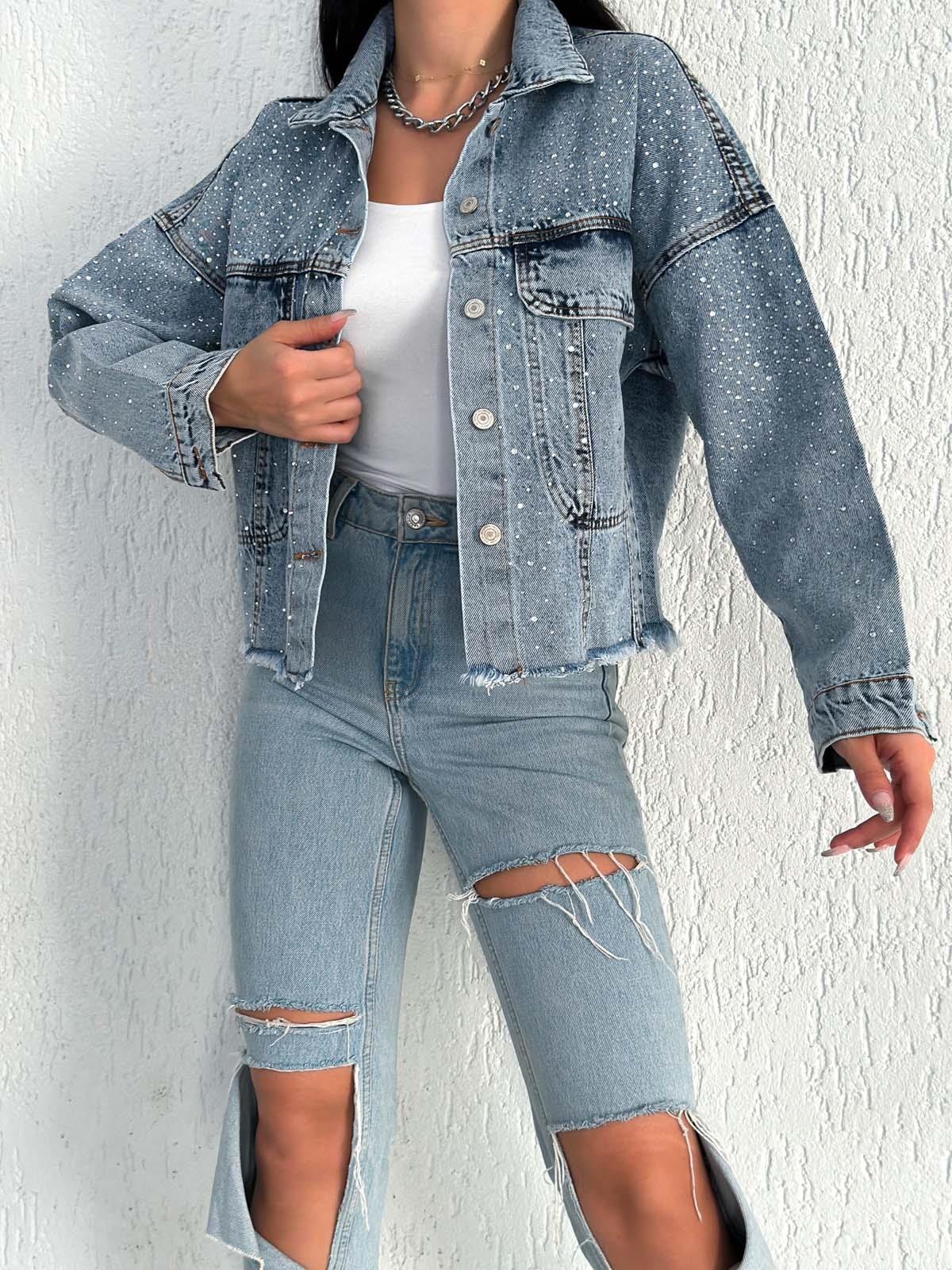   AsuArs design serpme taşlı geniş crop kot ceket