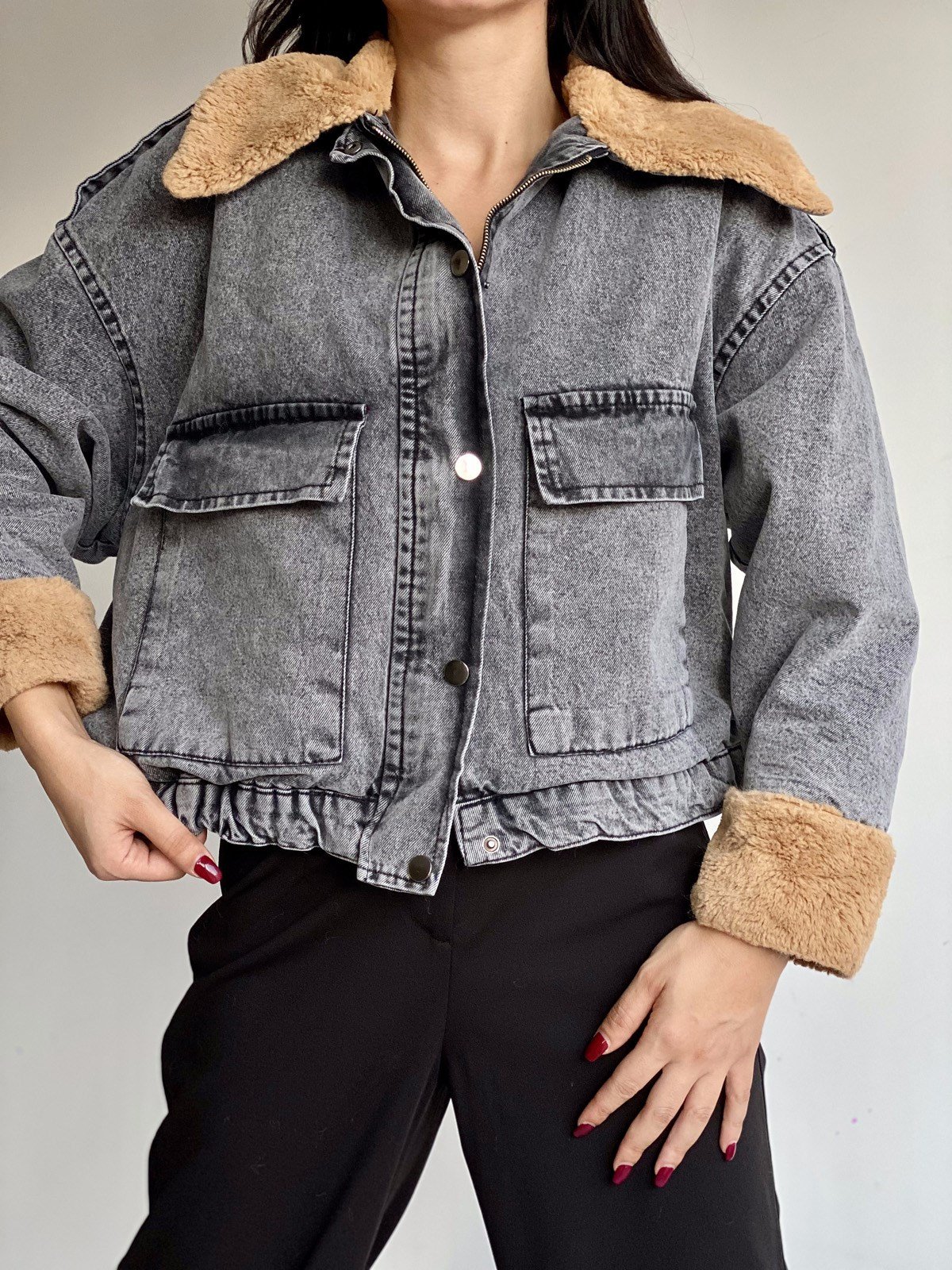  Kürklü Büyük Cepli Oversize Beli Lastikli Kot Mont