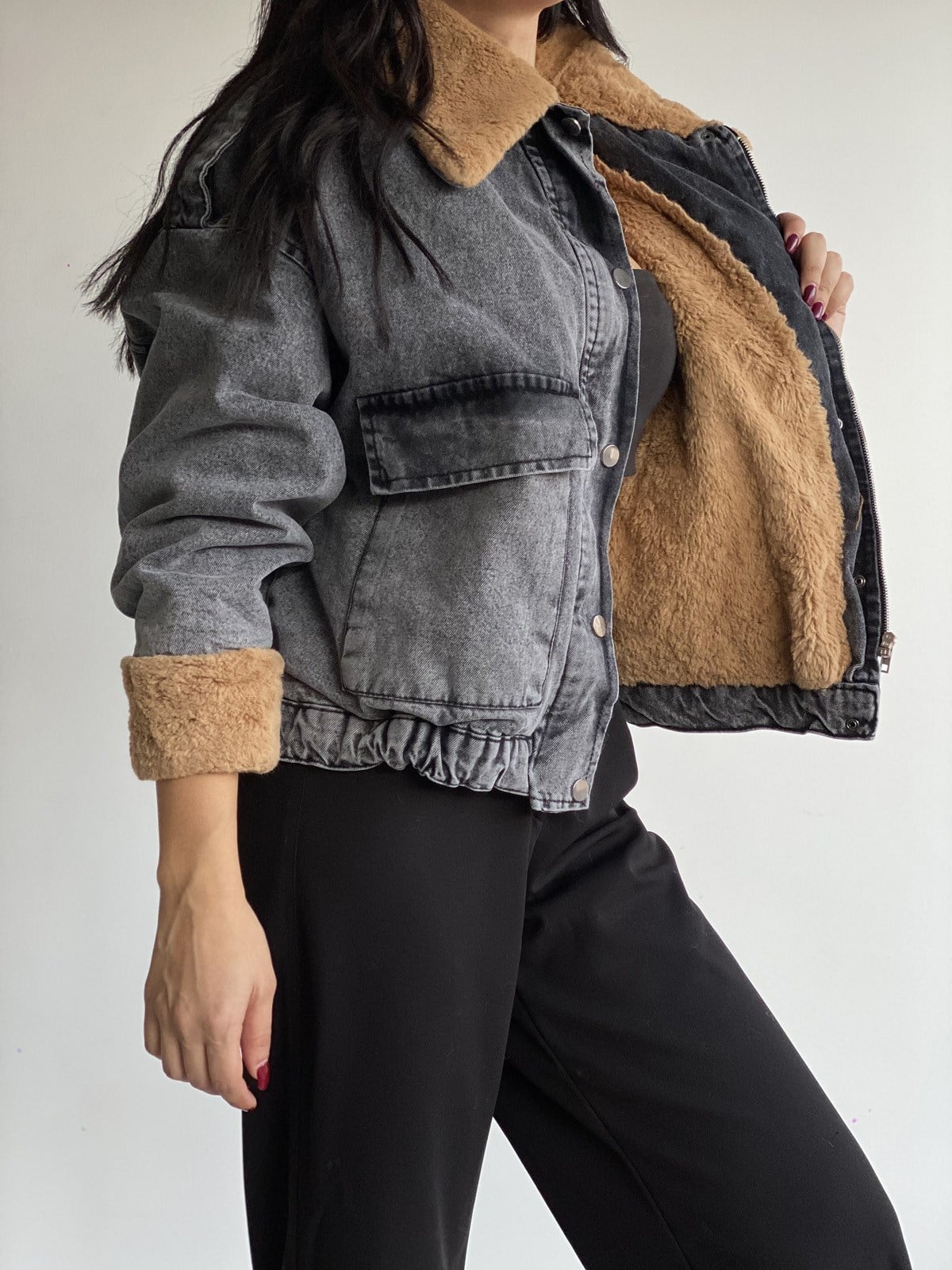  Kürklü Büyük Cepli Oversize Beli Lastikli Kot Mont