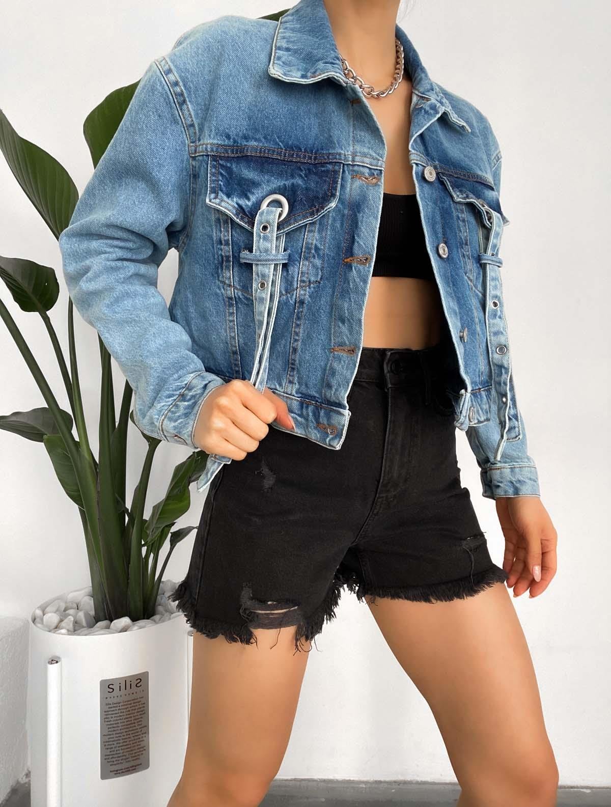  kuşgözü ve şerit detaylı crop kot ceket