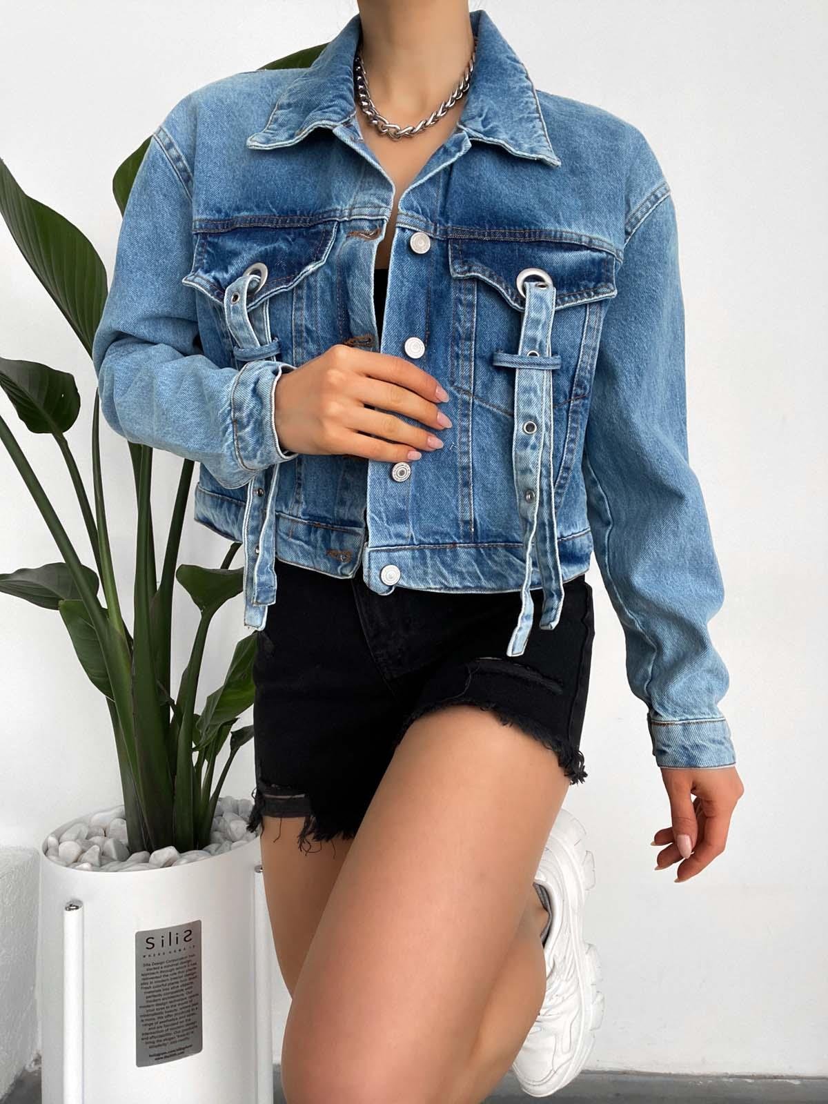  kuşgözü ve şerit detaylı crop kot ceket