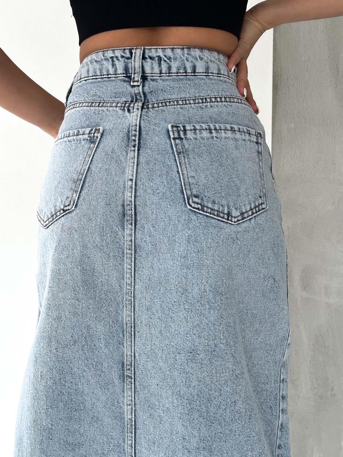  Mavi Yandan Derin Yırtmaçlı Uzun Denim Kot Etek