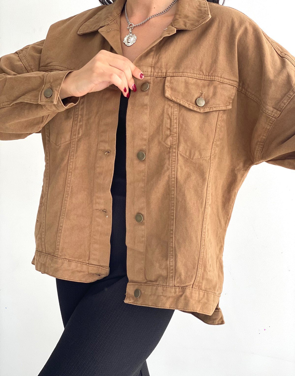 taba rengi yırtmaçlı oversize kot ceket