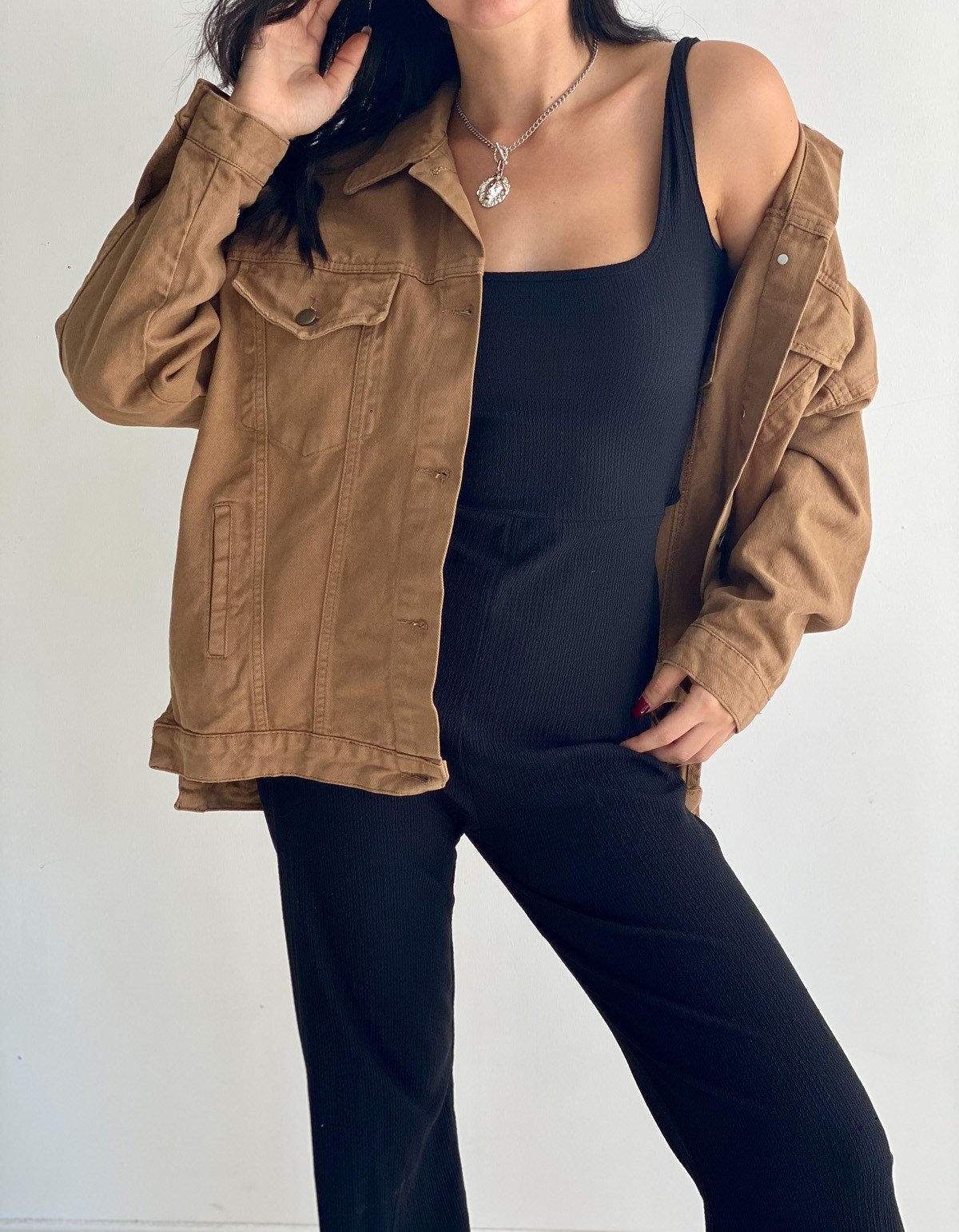  taba rengi yırtmaçlı oversize kot ceket