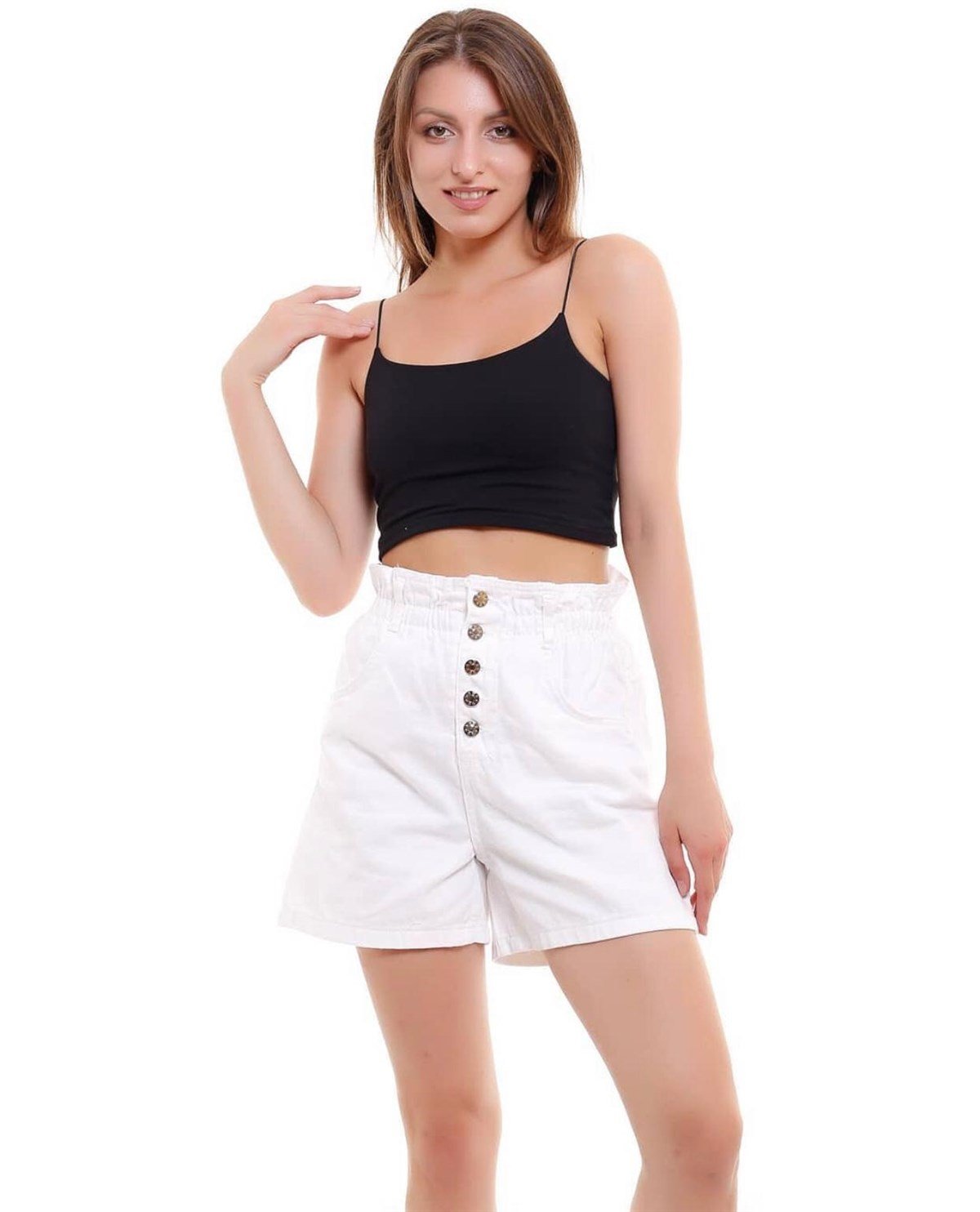 Beyaz Beli Lastikli Kot Şort