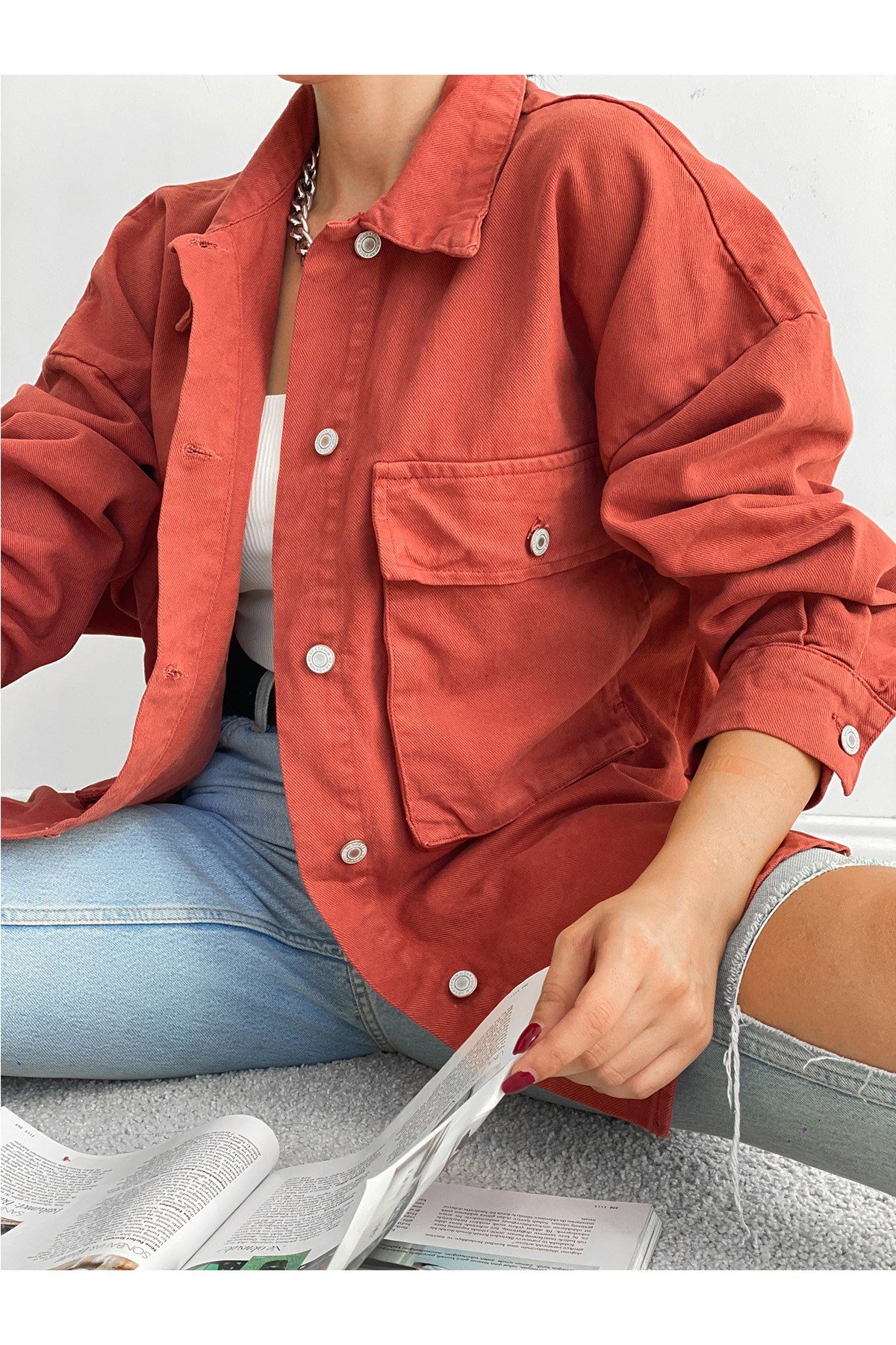 Büyük Cepli Kiremit Rengi Oversize Uzun Gömlek Görünümlü Kot Ceket