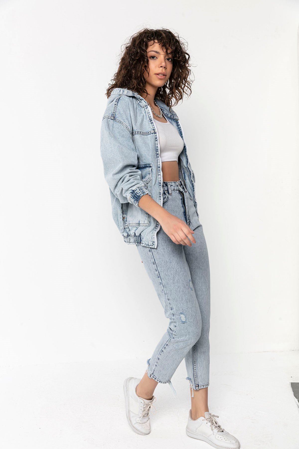 Kapüşonlu Fermuarlı Oversize Kot Ceket