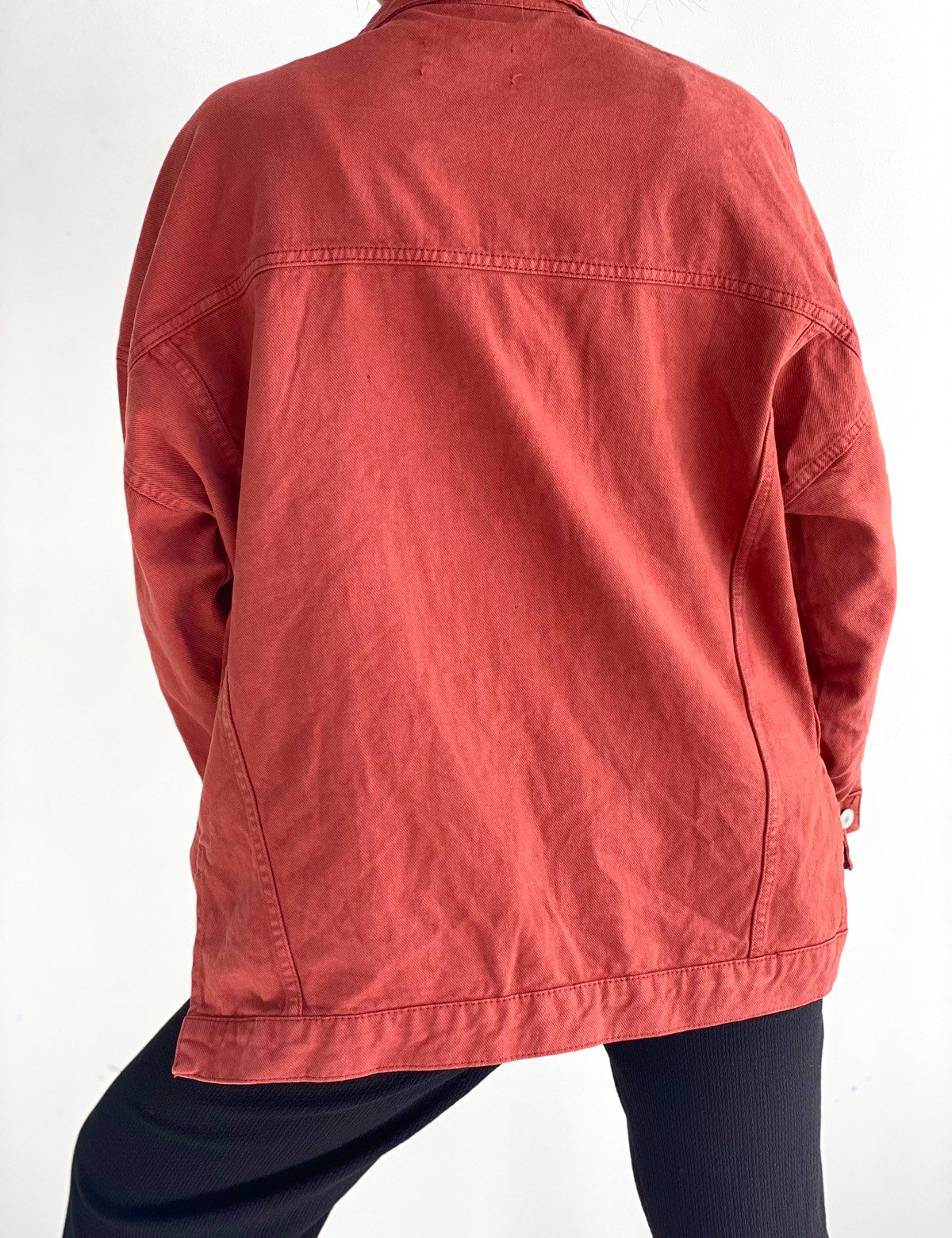 Kiremit rengi yırtmaçlı oversize kot ceket