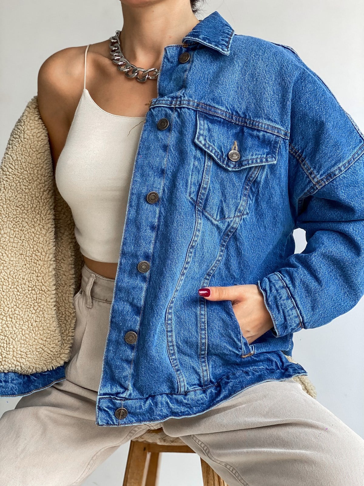 Kürklü Yanı Yırtmaçlı Oversize Kot Mont