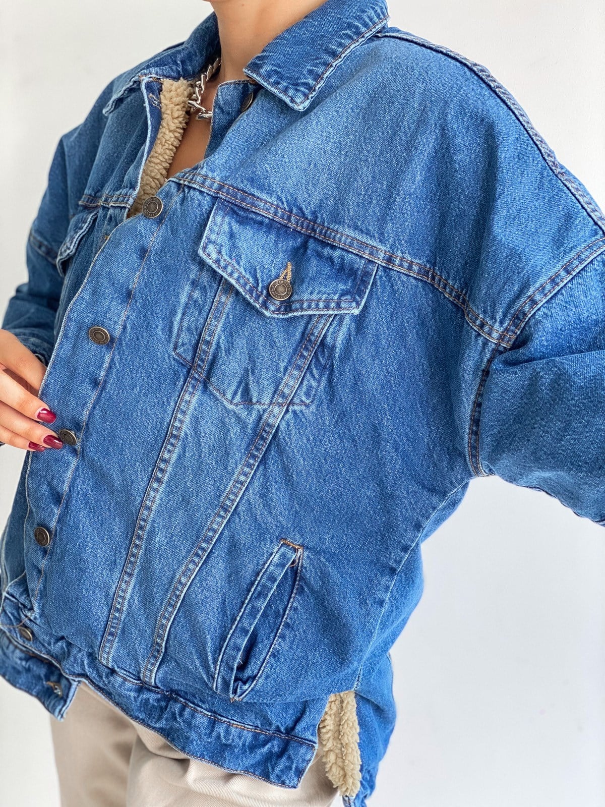 Kürklü Yanı Yırtmaçlı Oversize Kot Mont