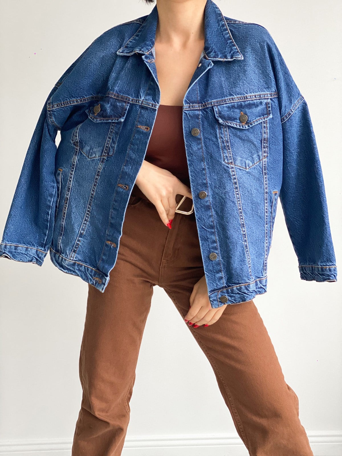 lacivert yırtmaçlı oversize kot ceket