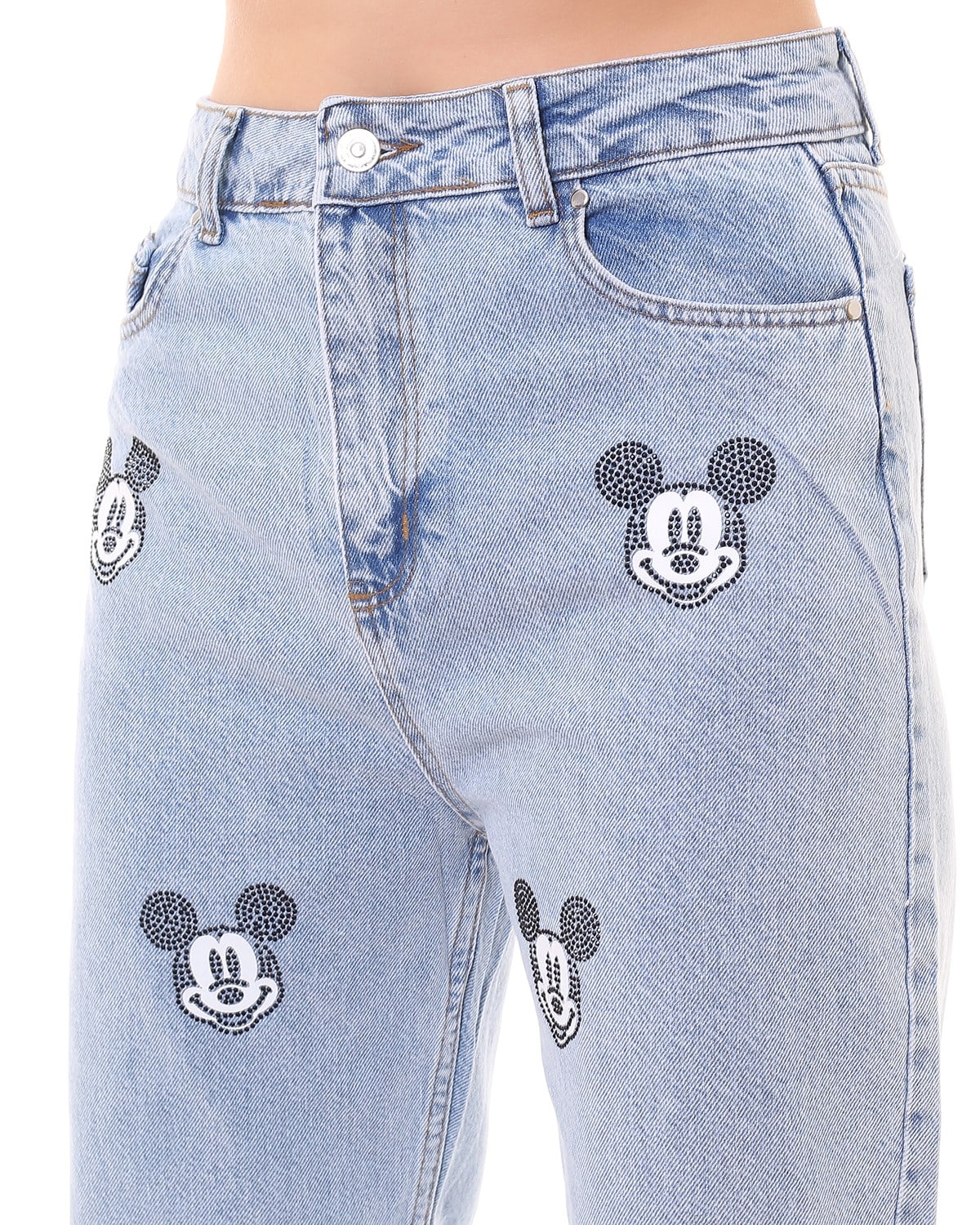 Mavi Taşlı ve Baskılı Mickey Mom Jean Pantolon