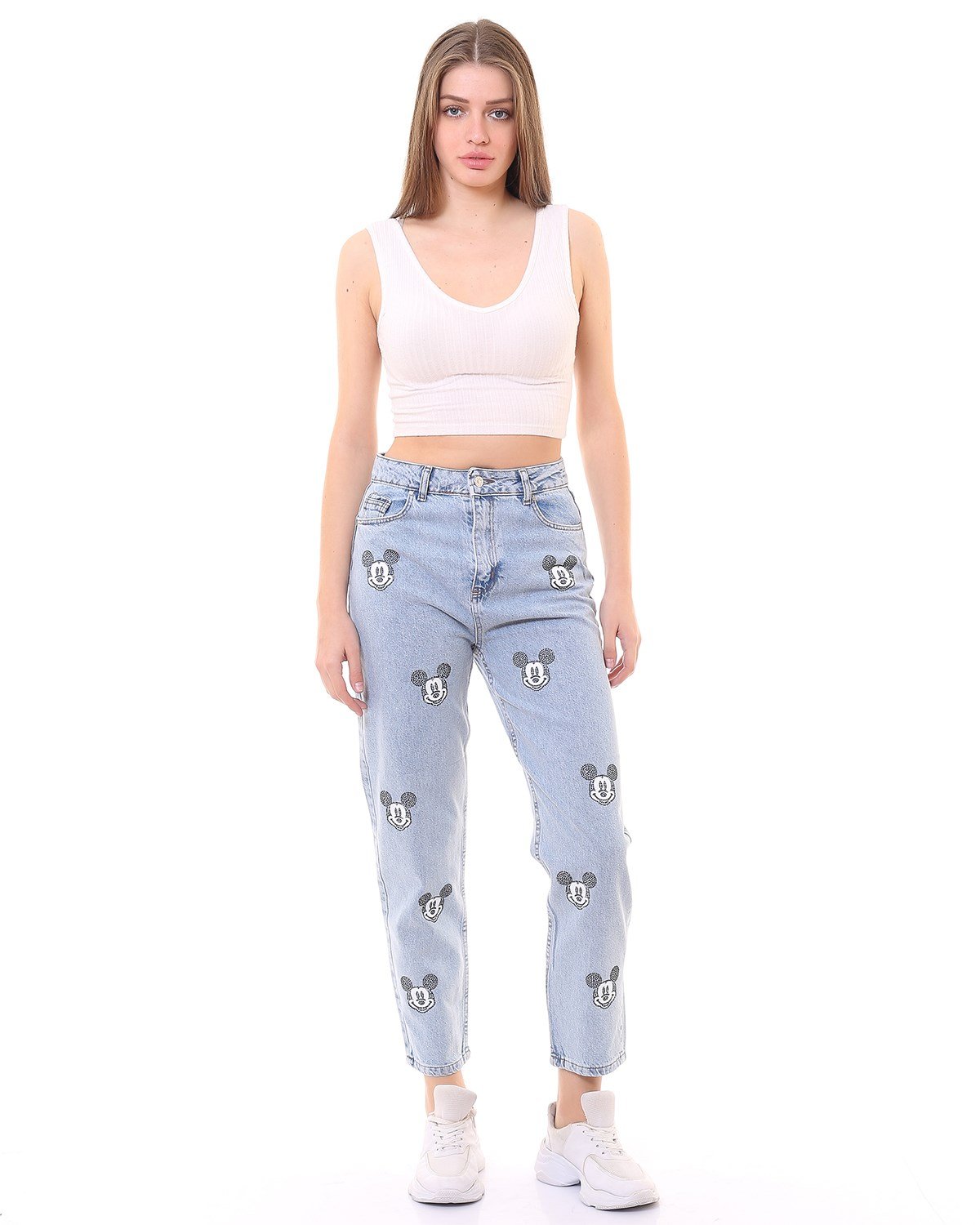 Mavi Taşlı ve Baskılı Mickey Mom Jean Pantolon