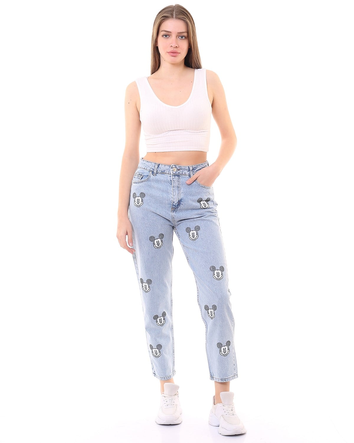 Mavi Taşlı ve Baskılı Mickey Mom Jean Pantolon