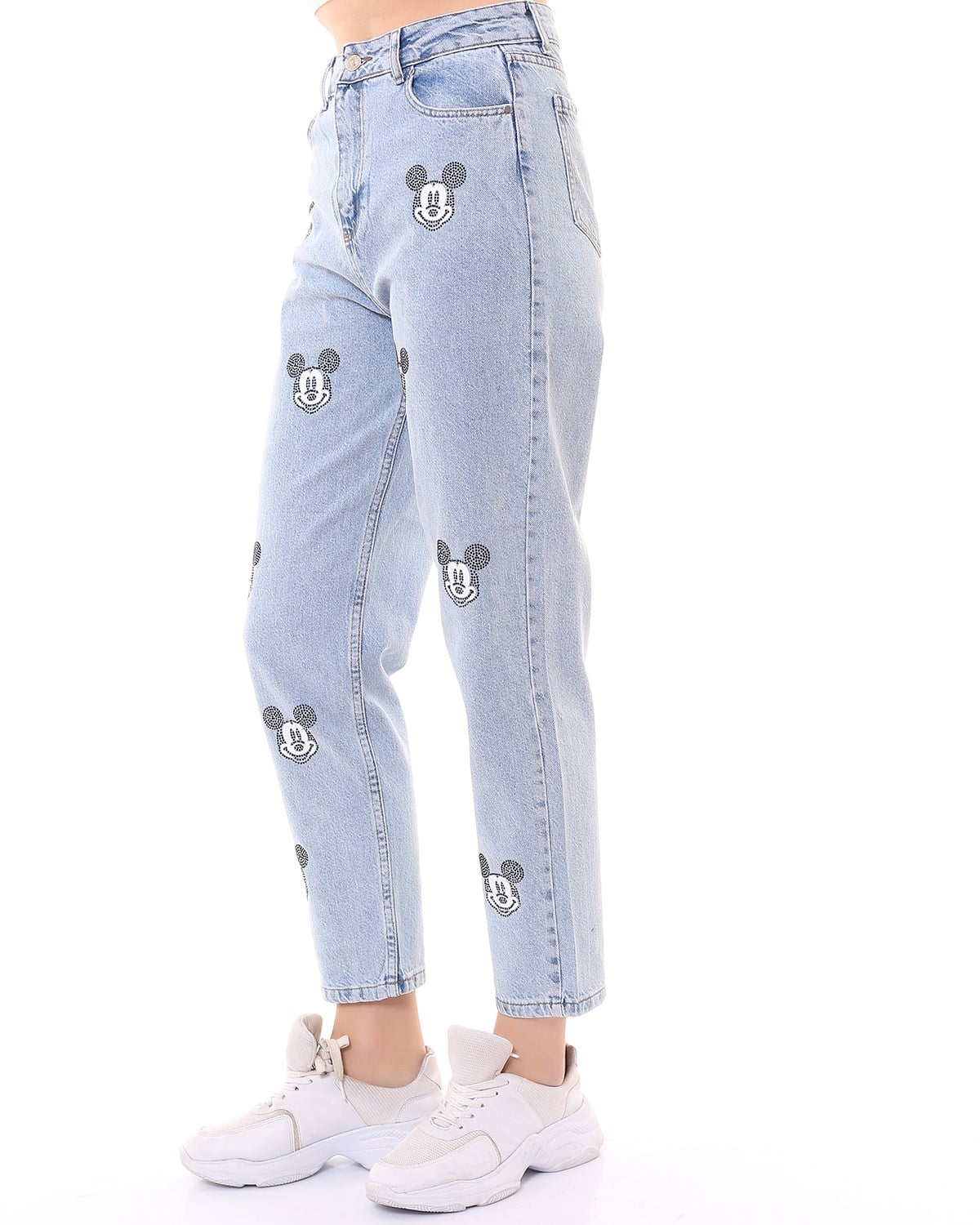 Mavi Taşlı ve Baskılı Mickey Mom Jean Pantolon