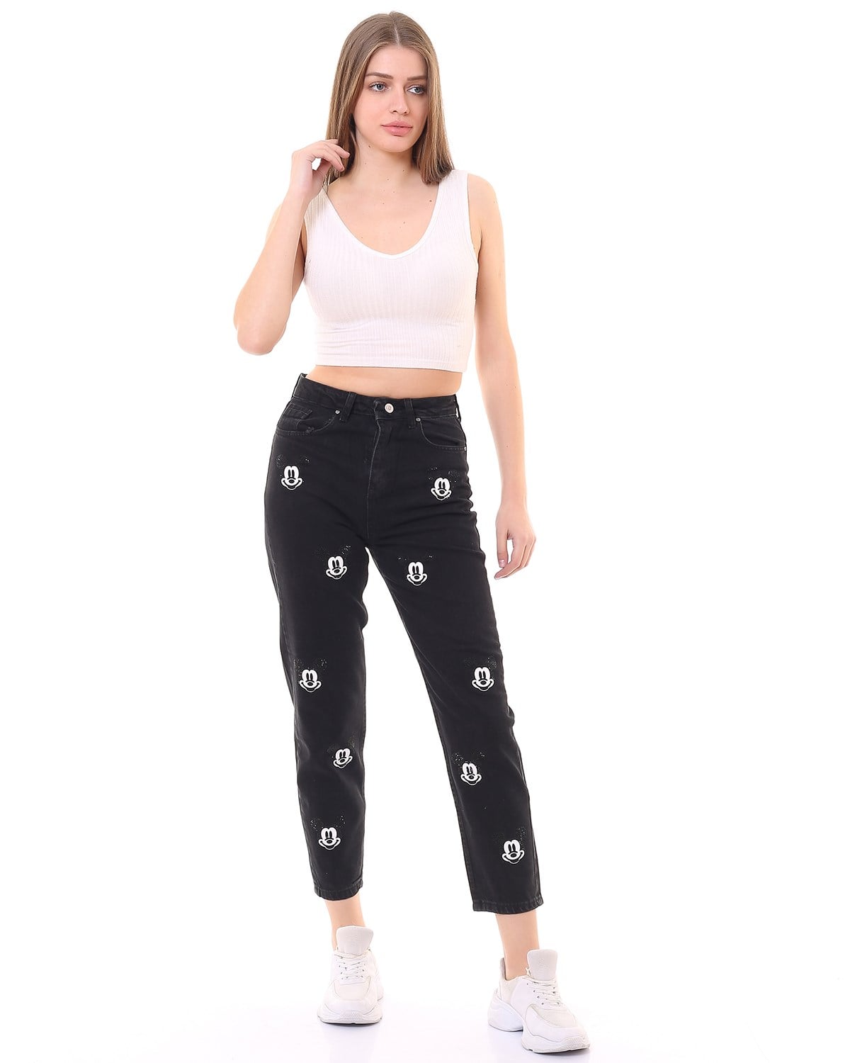 Taşlı ve Baskılı Mickey Mom Jean Pantolon