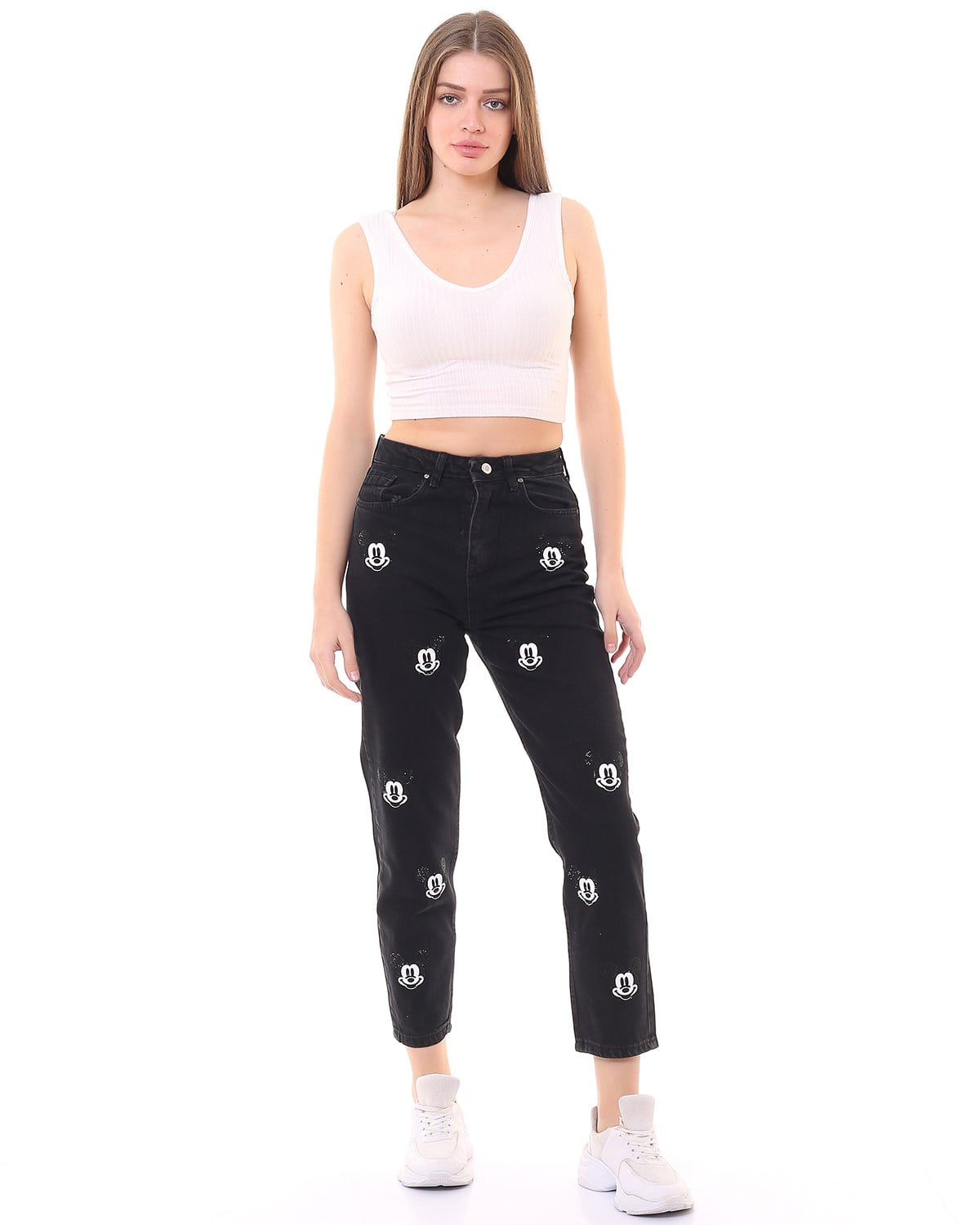 Taşlı ve Baskılı Mickey Mom Jean Pantolon