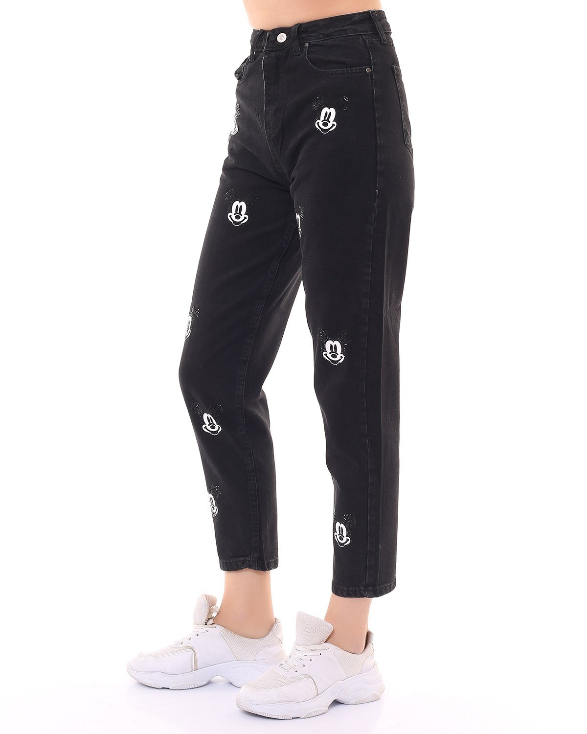 Taşlı ve Baskılı Mickey Mom Jean Pantolon
