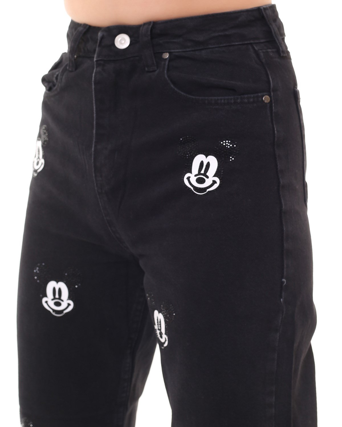 Taşlı ve Baskılı Mickey Mom Jean Pantolon