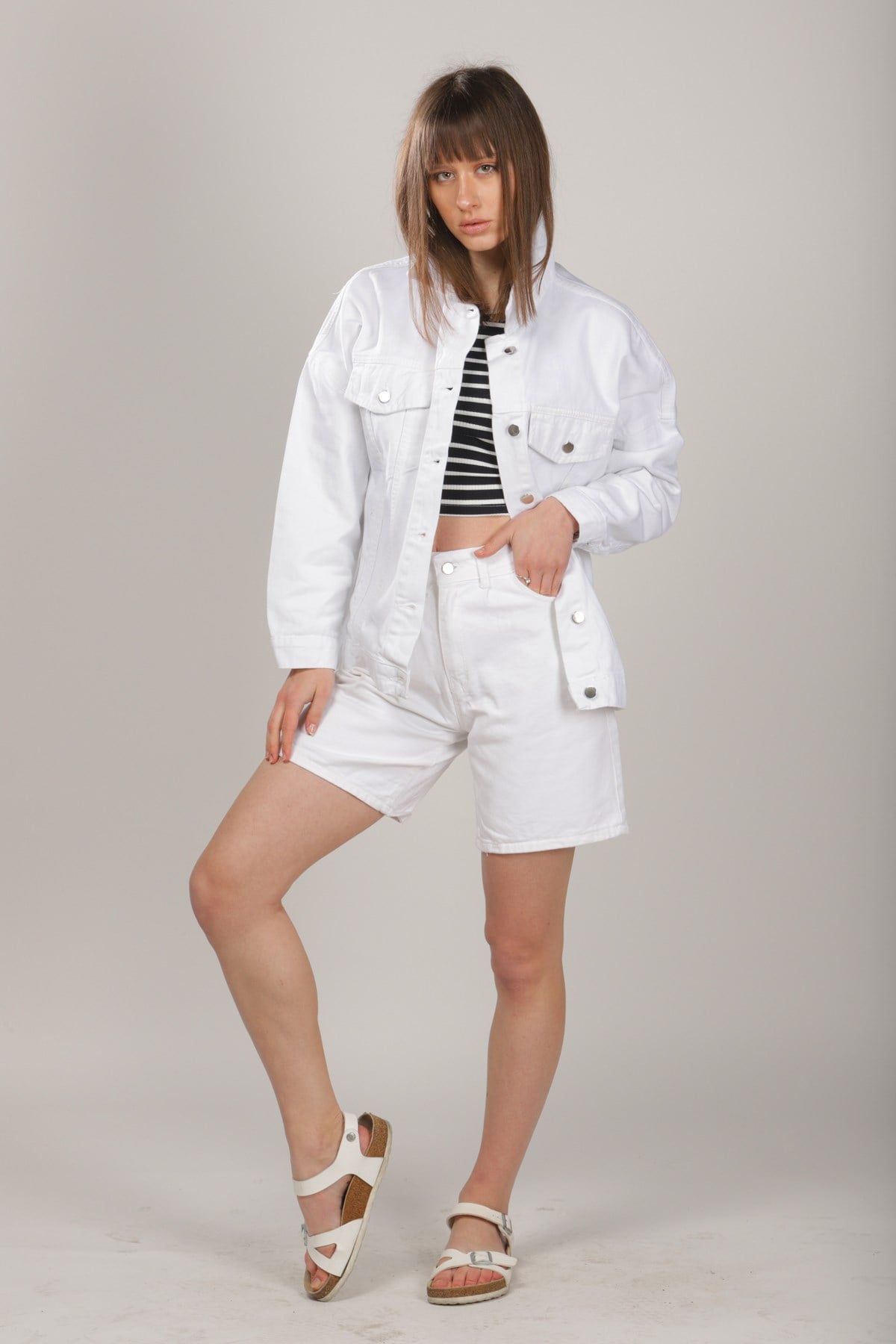 Yırtmaçlı Beyaz Oversize Kot Ceket
