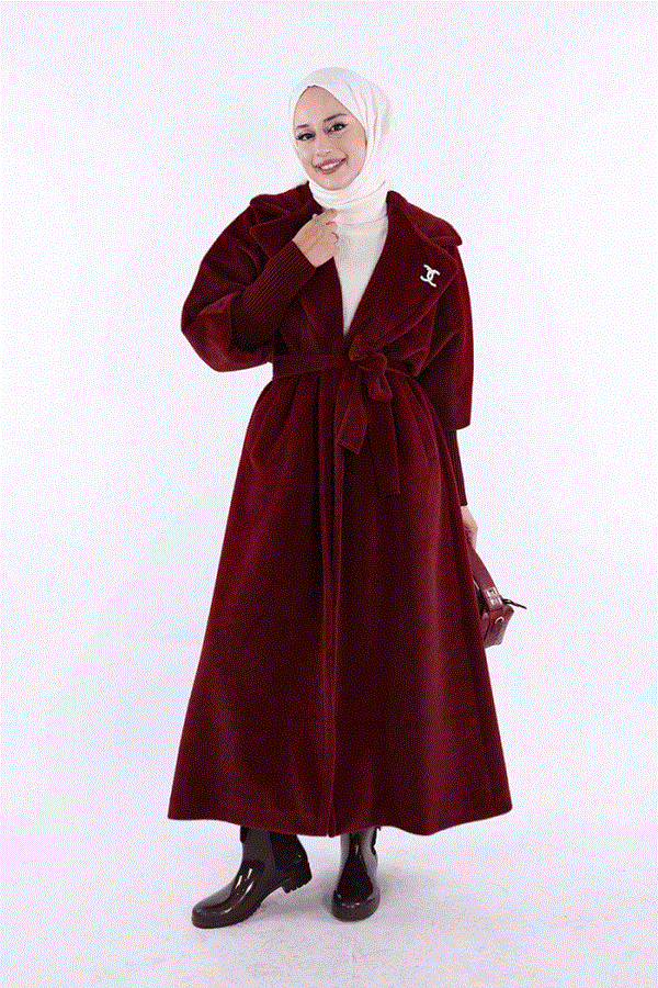 Bronş Detaylı Uzun Kaban Bordo