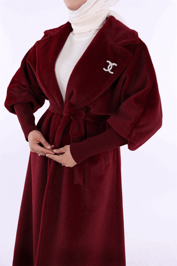 Bronş Detaylı Uzun Kaban Bordo