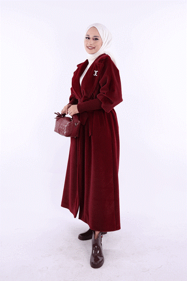 Bronş Detaylı Uzun Kaban Bordo