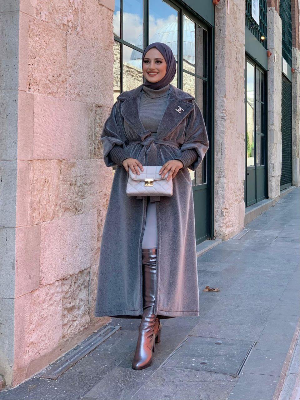 Bronş Detaylı Uzun Kaban Gri