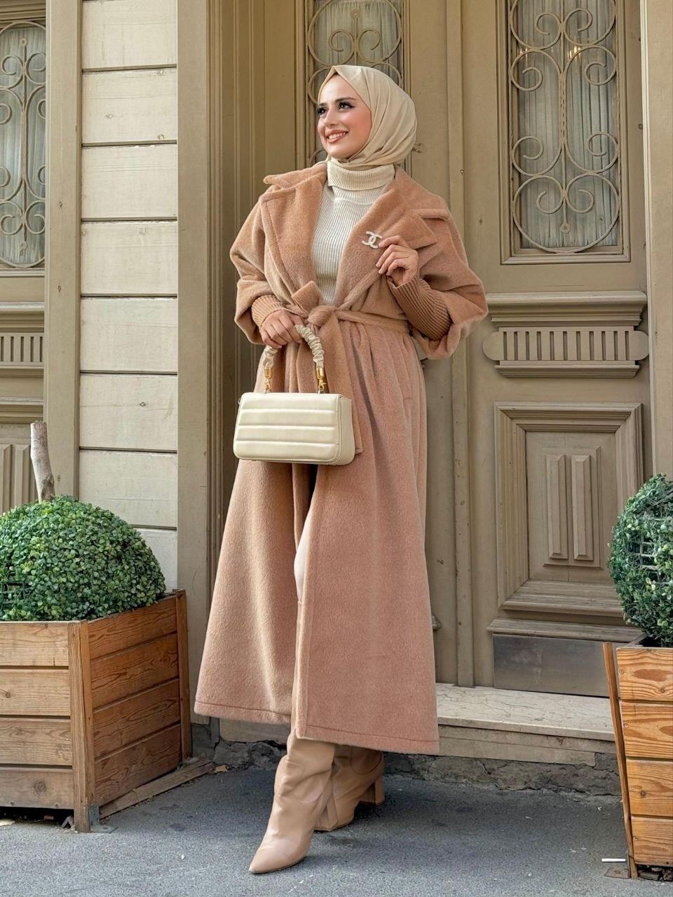 Bronş Detaylı Uzun Kaban Vizon