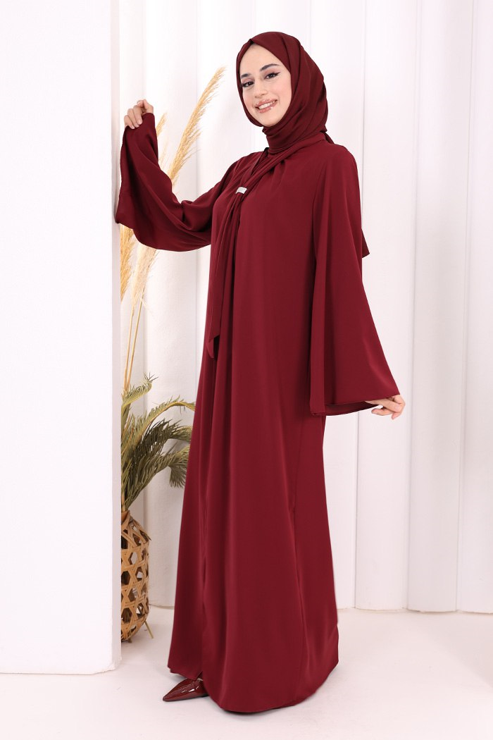Broş Detaylı Tulum Abaya ve Takım Bordo