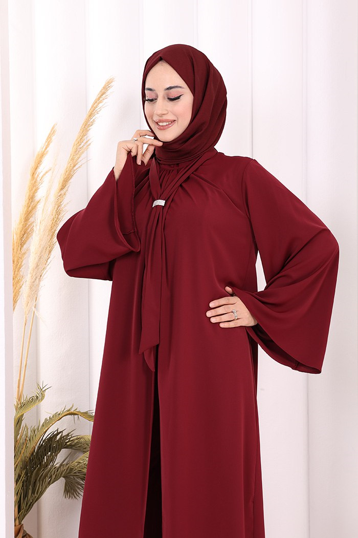Broş Detaylı Tulum Abaya ve Takım Bordo