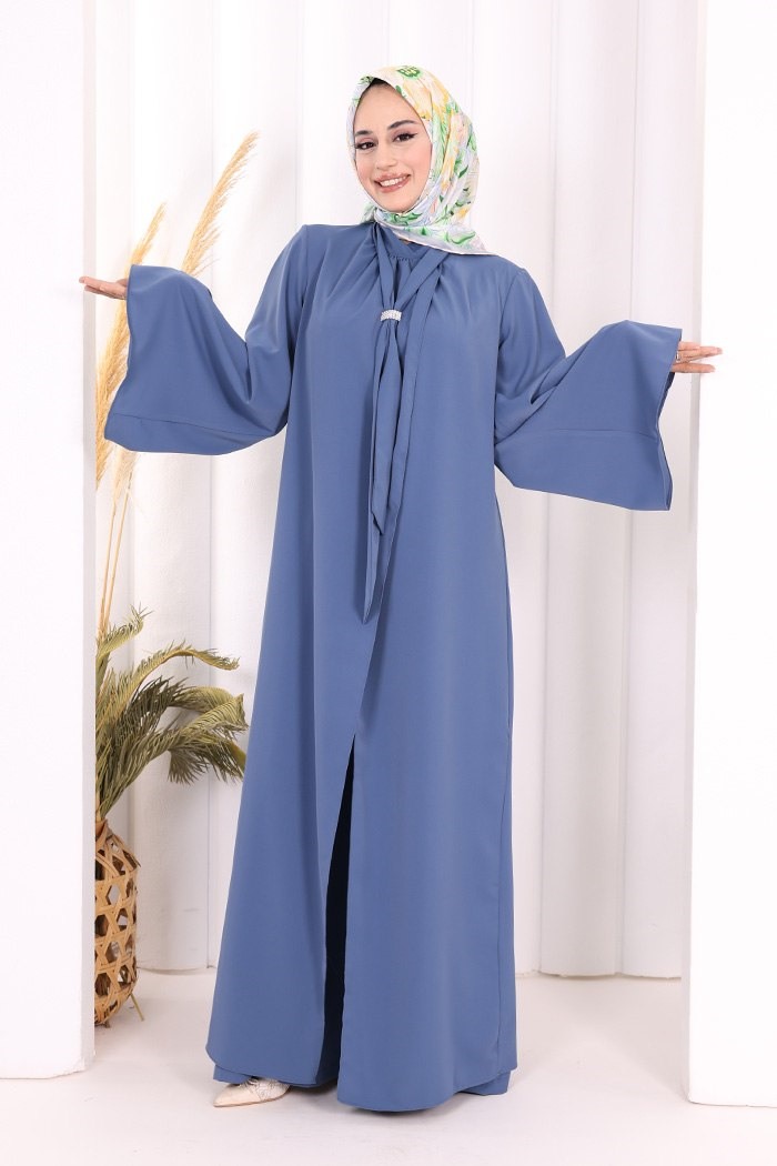 Broş Detaylı Tulum Abaya ve Takım İndigo