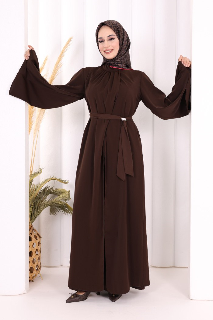 Broş Detaylı Tulum Abaya ve Takım Kahverengi